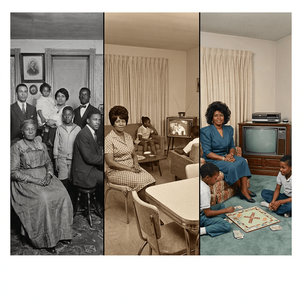 Historical diptych showing an African American family's domestic labor and a formal group portrait.
