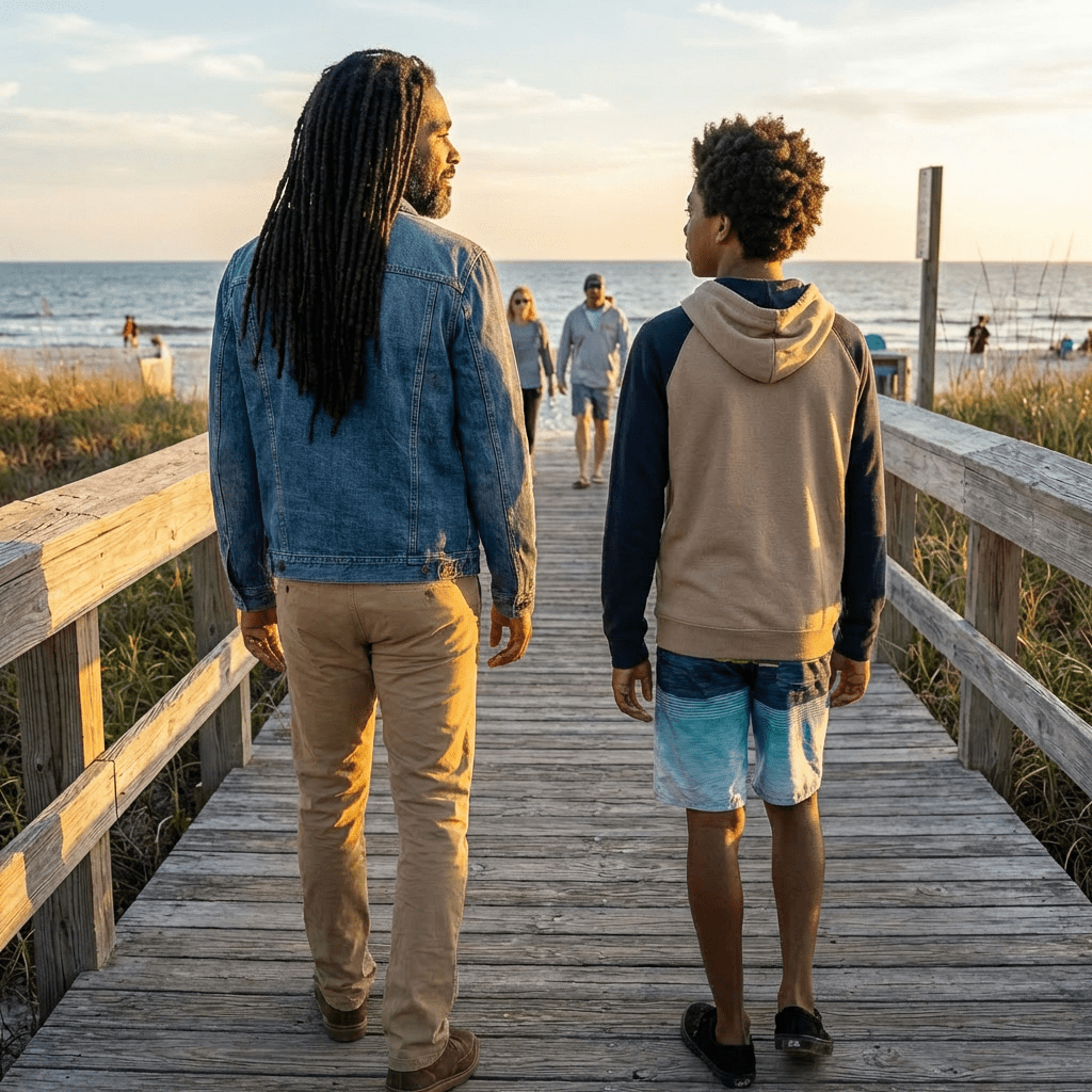 Two people with long dreadlocks walk and talk along a beach boardwalk during sunset.