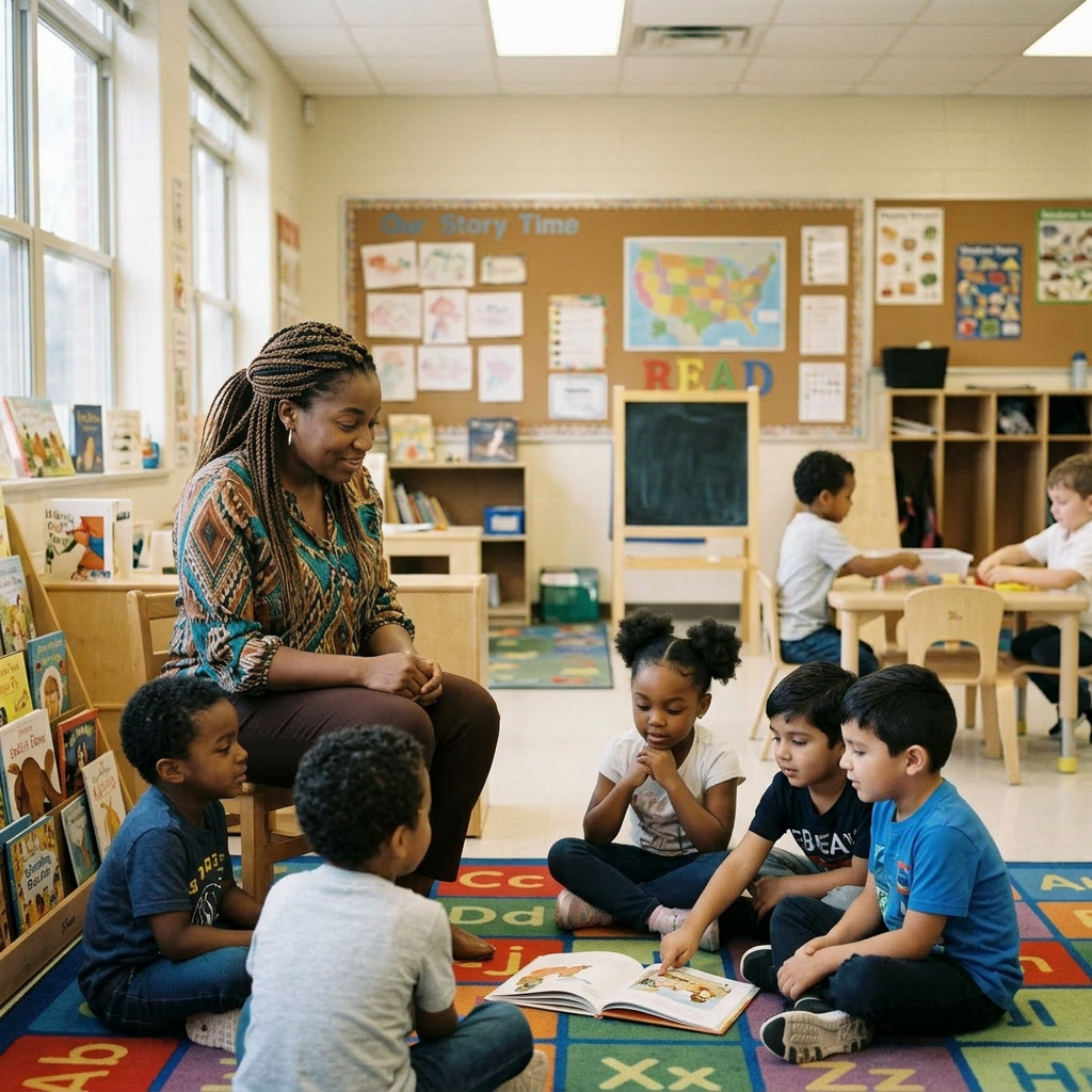 Teacher reading 'The Snowy Day' to six young children sitting on a colorful alphabet rug