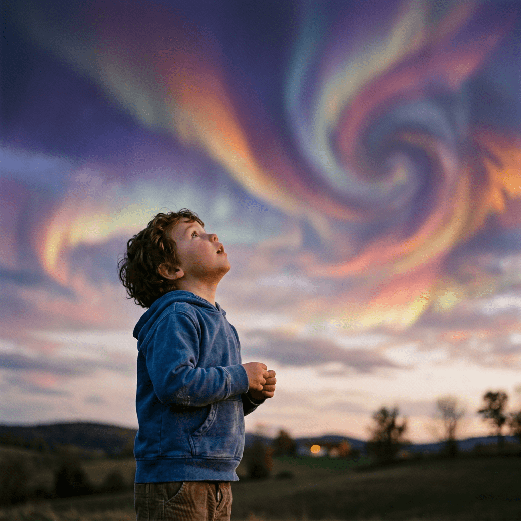 Boy looking up at swirling colorful northern lights in the sky