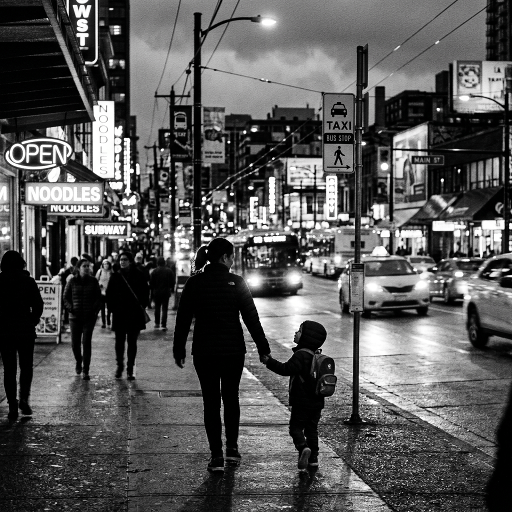 Parent and child walking hand in hand on a busy city sidewalk with vehicles and neon signs