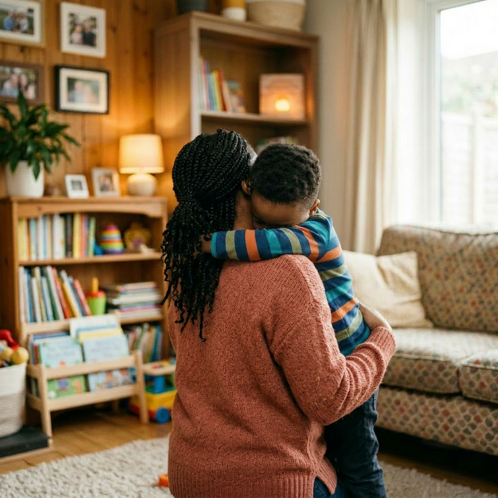 Mother and young son smiling and hugging in living room